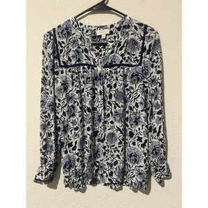 Lucky Brand Women Top Size M Blue White Floral Print Long Sleeves Half Button Up